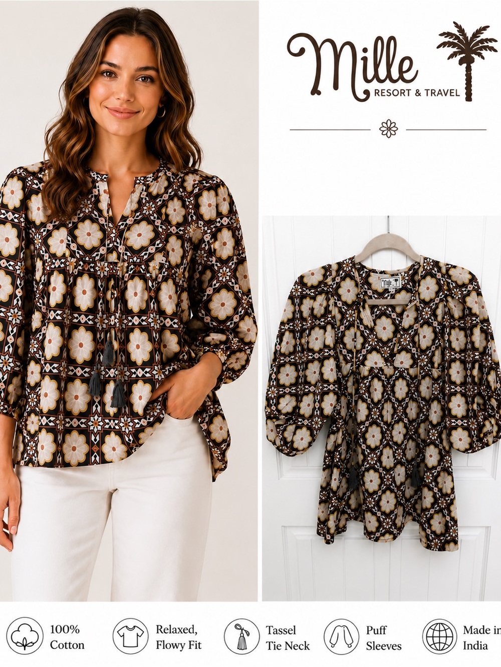 Mille Floral Print Tassel Tie Peasant Blouse - Black/Cream